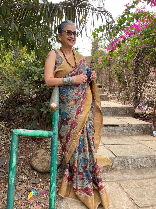 Traditional Handpainted Pen Kalamkari Tussar Silk Saree  |  Peach Orange
