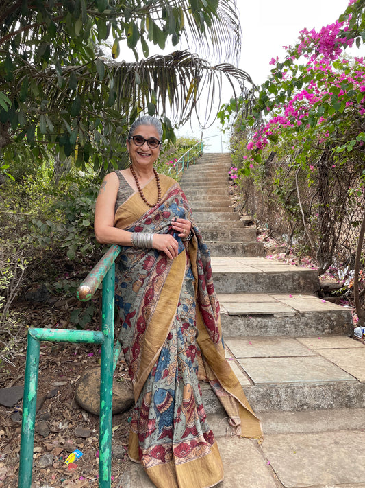 Traditional Handpainted Pen Kalamkari Tussar Silk Saree  |  Peach Orange