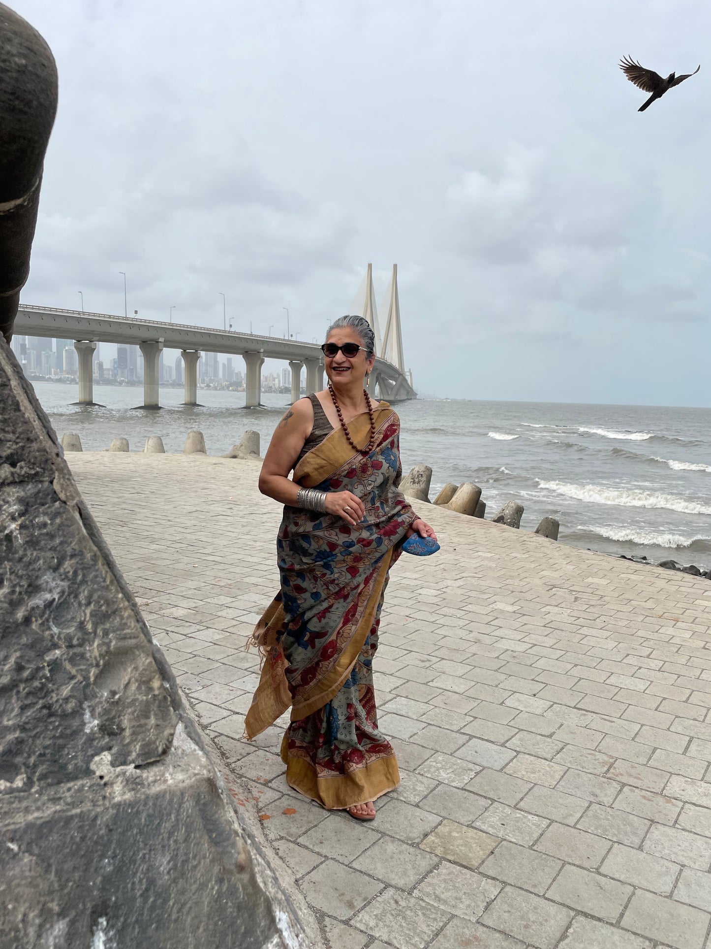 Traditional Handpainted Pen Kalamkari Tussar Silk Saree  |  Peach Orange