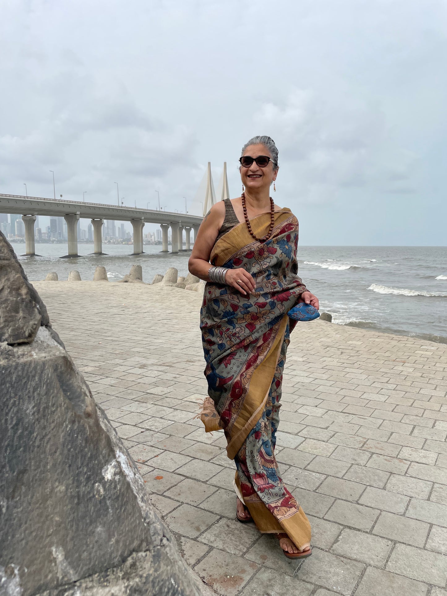 Traditional Handpainted Pen Kalamkari Tussar Silk Saree  |  Peach Orange