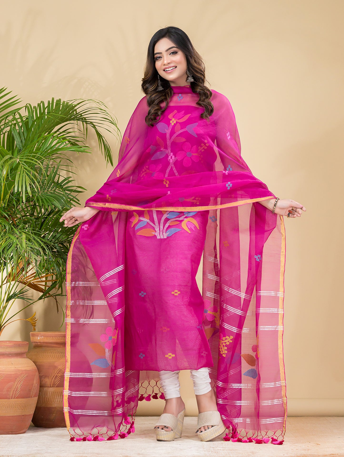 Dark Pink Muslin Jamdani 2-Pieces Kurti Set Dupatta (UNSTITCHED)-896