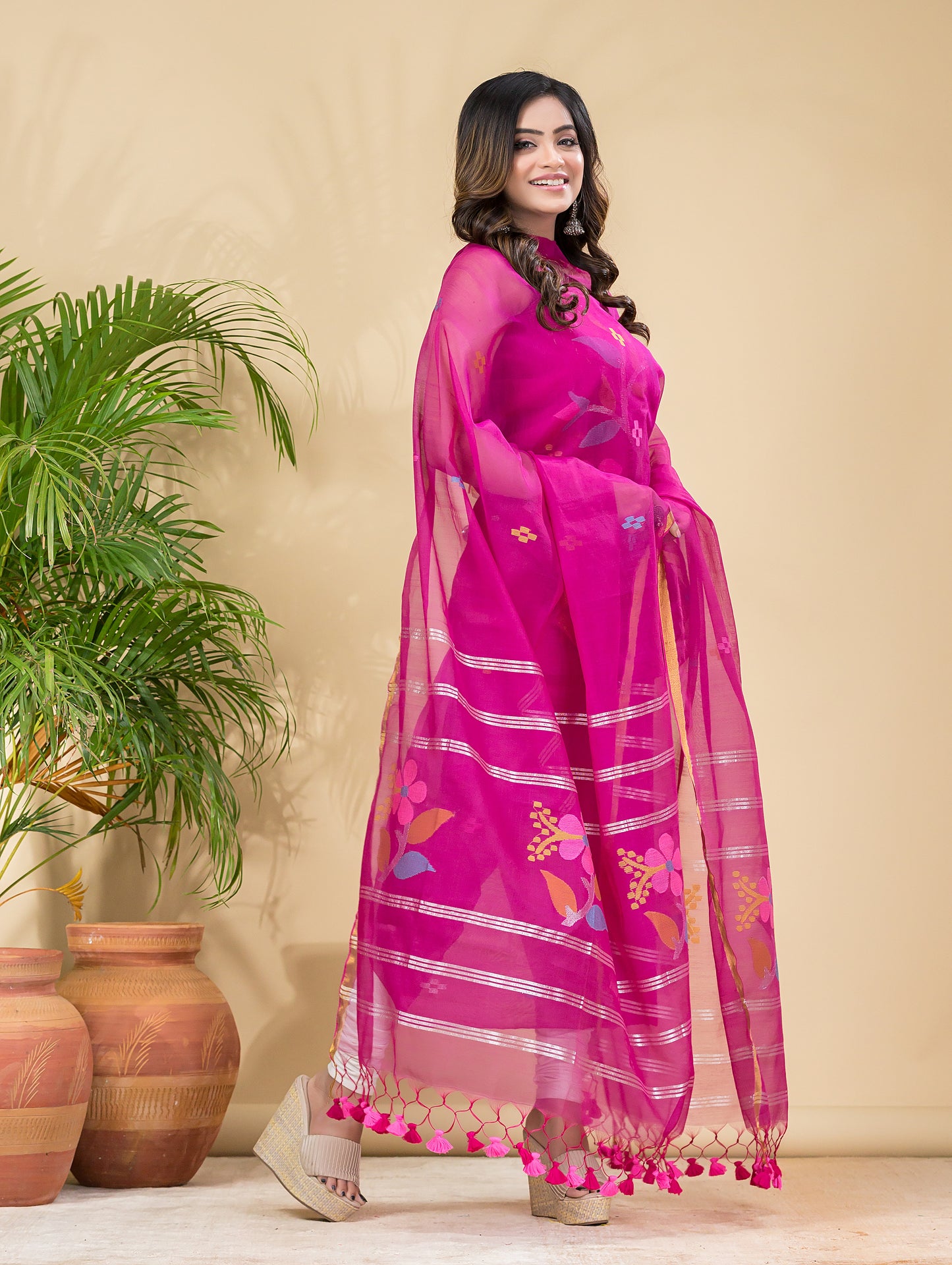 Dark Pink Muslin Jamdani 2-Pieces Kurti Set Dupatta (UNSTITCHED)-896
