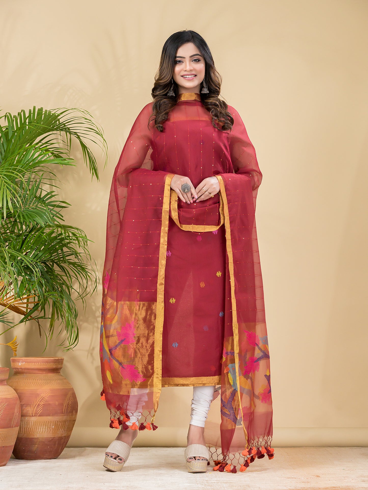 Cherry Red Sequin Paithani Jamdani 2-Piece Set Kurti & Dupatta (UNSTITCHED) -904