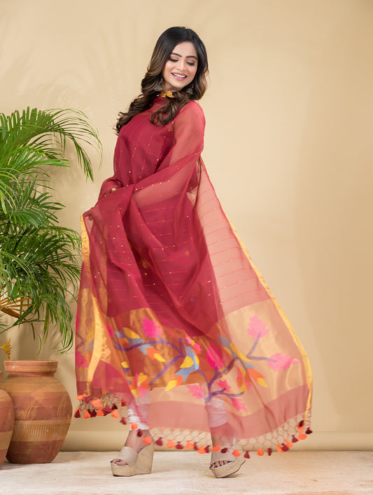 Cherry Red Sequin Paithani Jamdani 2-Piece Set Kurti & Dupatta (UNSTITCHED) -904
