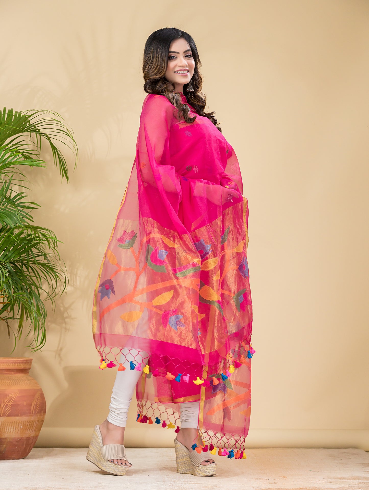 Punch Pink Sequin Paithani Jamdani 2-Piece Set Kurti & Dupatta (UNSTITCHED) -901