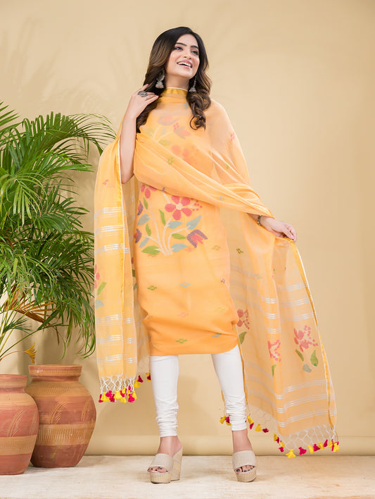 Gold Orange Muslin Jamdani 2-Pieces Kurti Set Dupatta (UNSTITCHED)-892