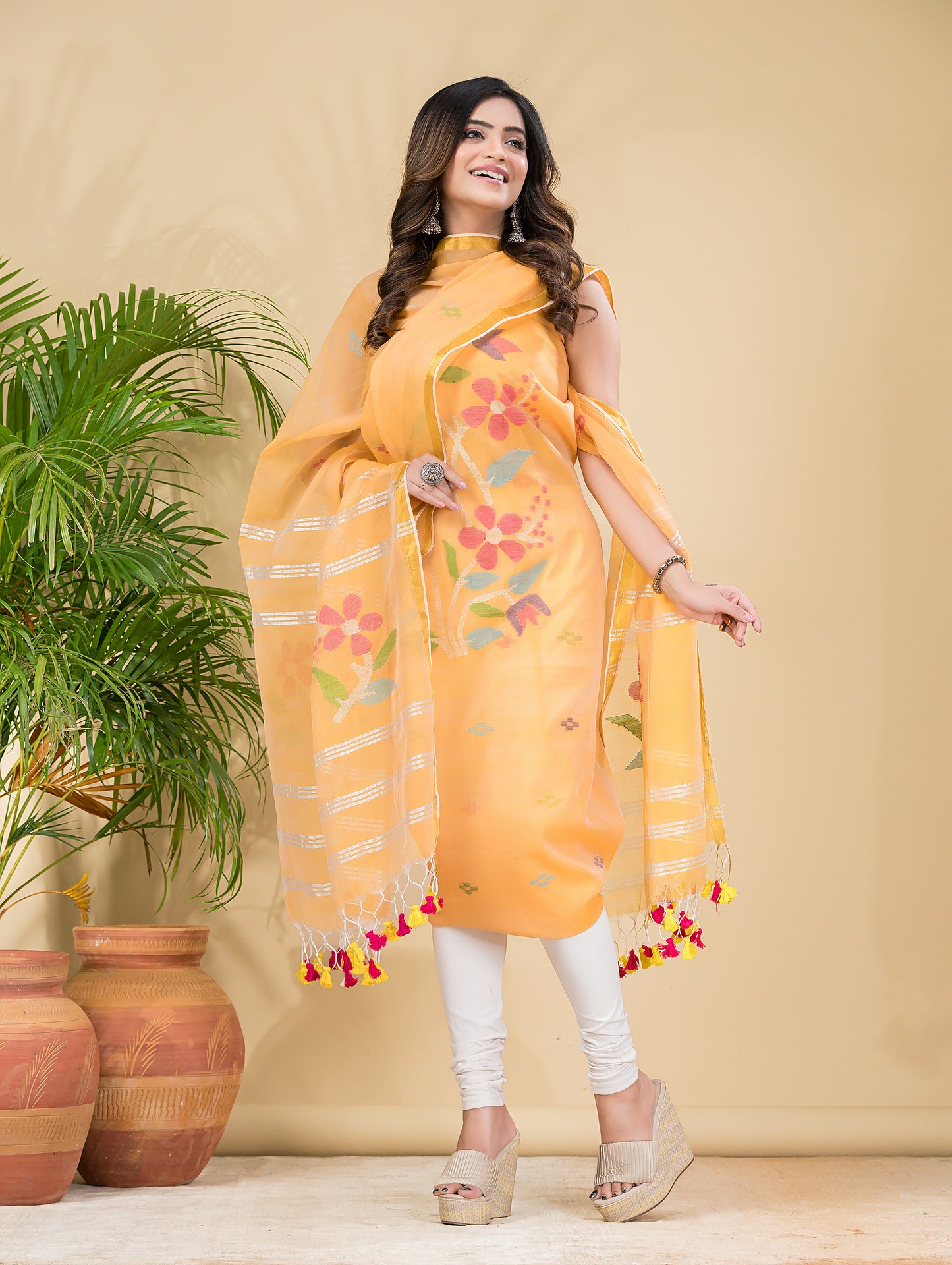 Gold Orange Muslin Jamdani 2-Pieces Kurti Set Dupatta (UNSTITCHED)-892