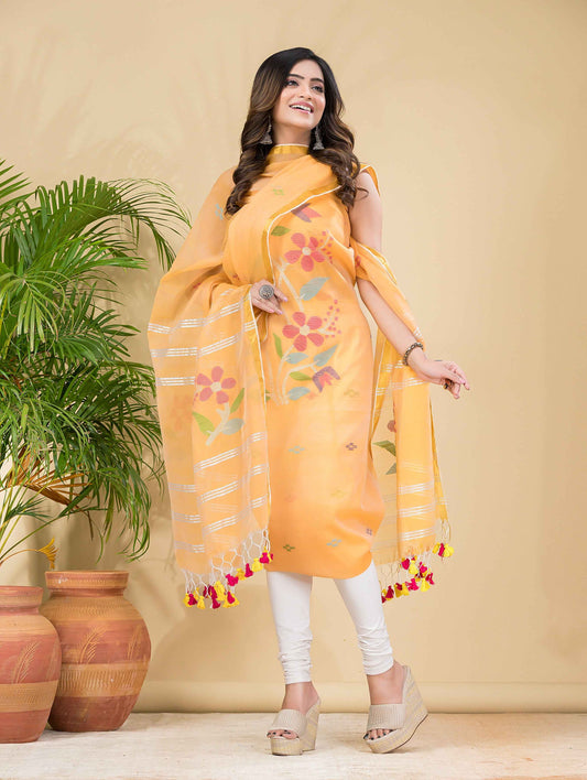 Handwoven Jamdani Muslin Unstitched 2-piece Kurti  |  Amber Orange