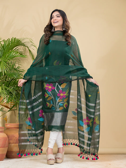 Forest Green Muslin Jamdani 2-Pieces Kurti Set Dupatta (UNSTITCHED)-894