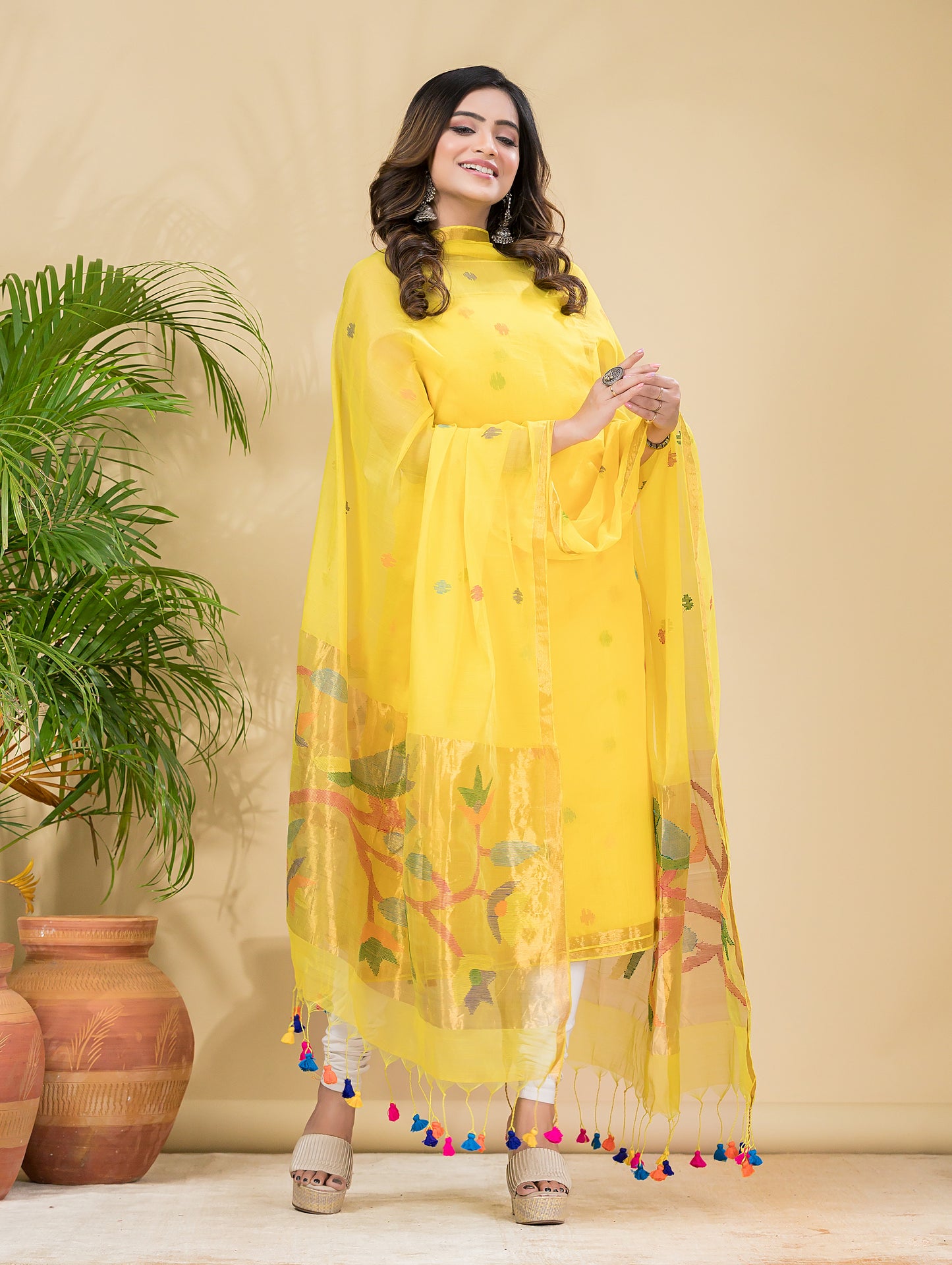 Lemon Yellow Sequin Paithani Jamdani 2-Piece Set Kurti & Dupatta (UNSTITCHED) -900