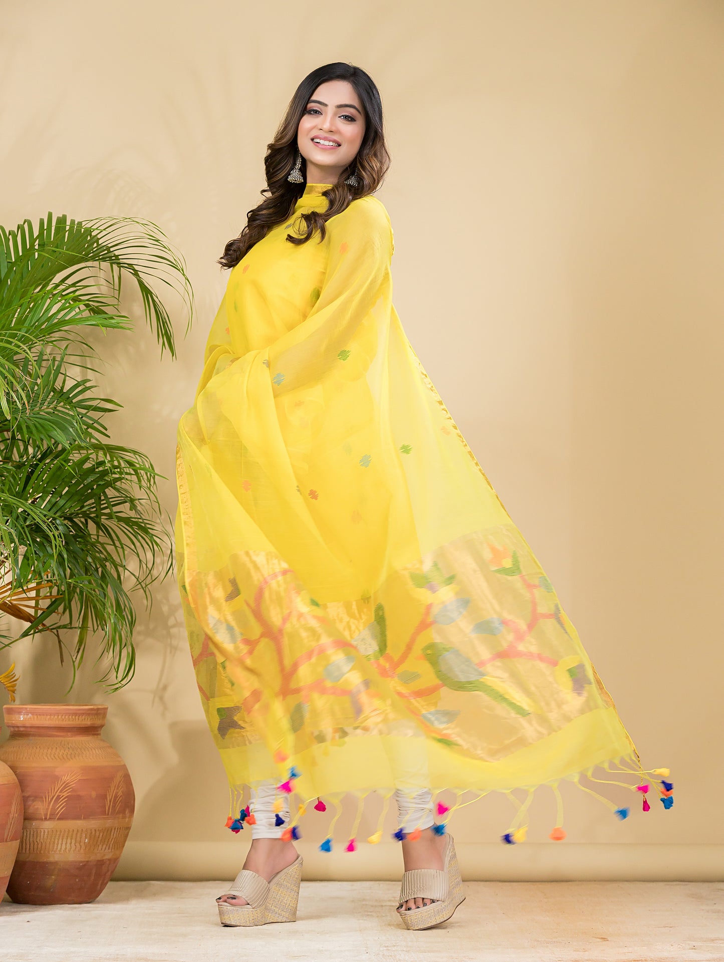 Lemon Yellow Sequin Paithani Jamdani 2-Piece Set Kurti & Dupatta (UNSTITCHED) -900
