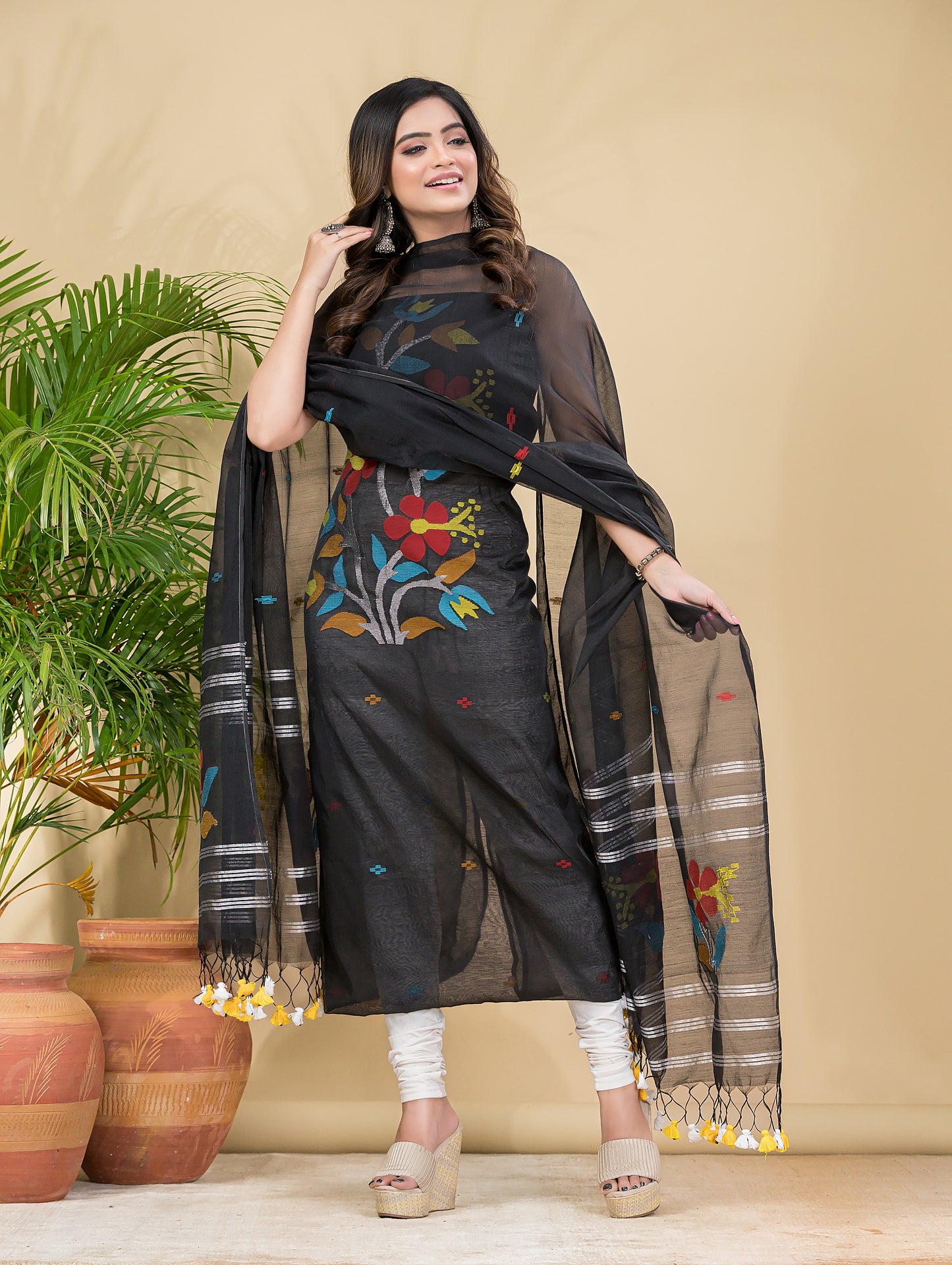 Charcoal Black Muslin Jamdani 2-Pieces Kurti Set Dupatta (UNSTITCHED)-893