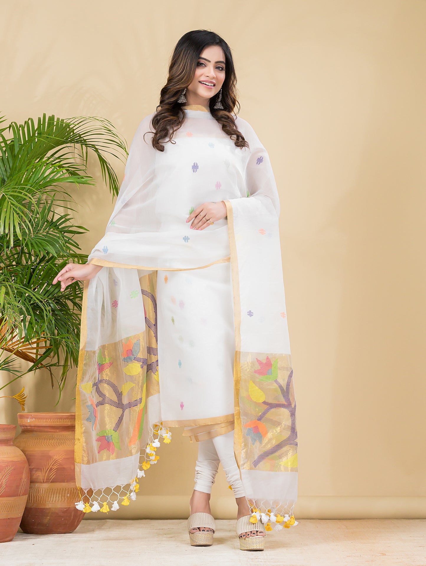 Lace White Sequin Paithani Jamdani 2-Piece Set Kurti & Dupatta (UNSTITCHED) -899
