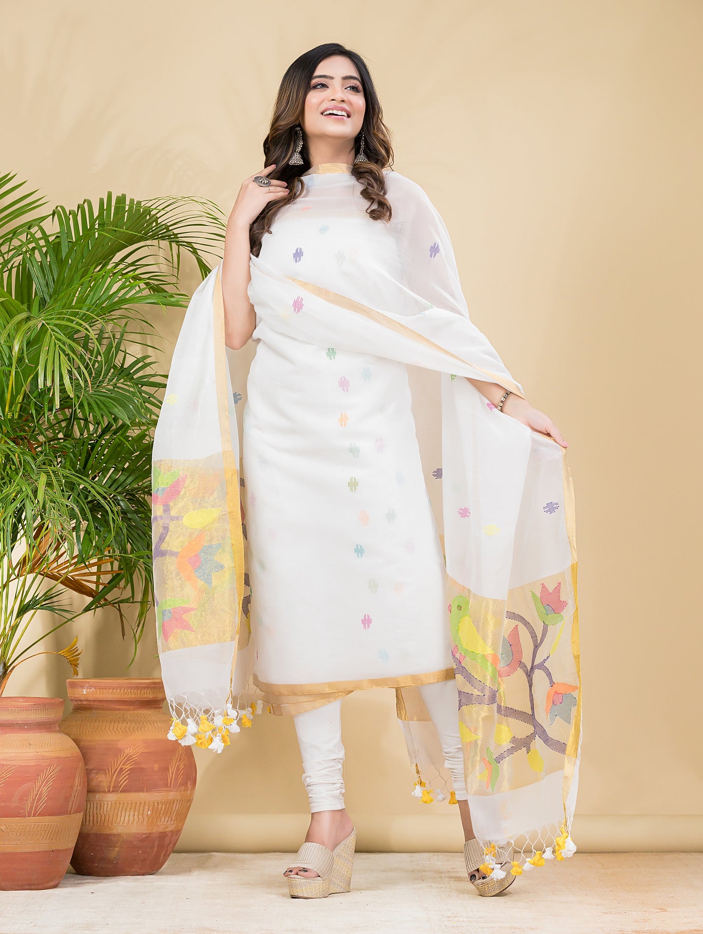 Lace White Sequin Paithani Jamdani 2-Piece Set Kurti & Dupatta (UNSTITCHED) -899