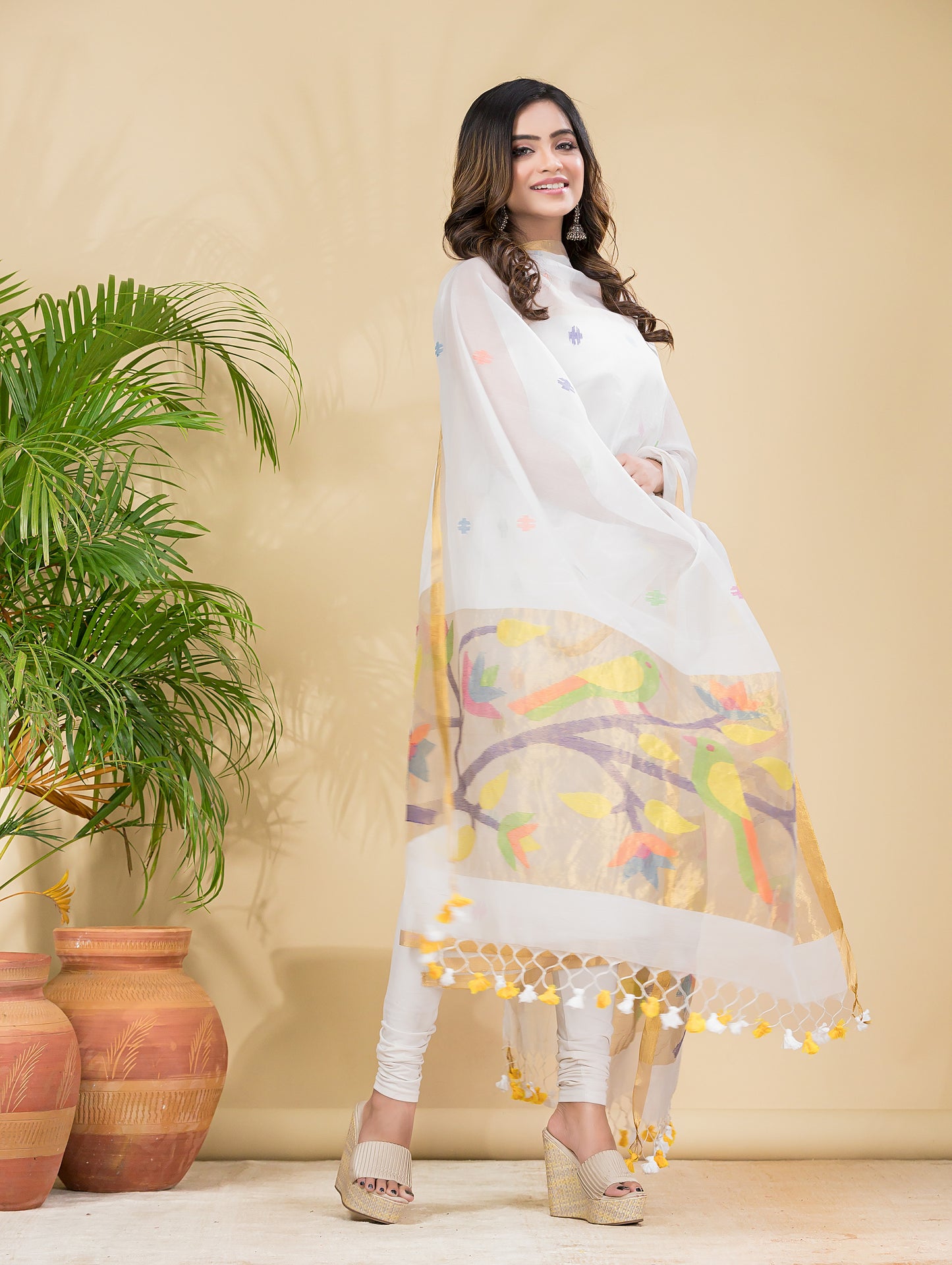 Lace White Sequin Paithani Jamdani 2-Piece Set Kurti & Dupatta (UNSTITCHED) -899