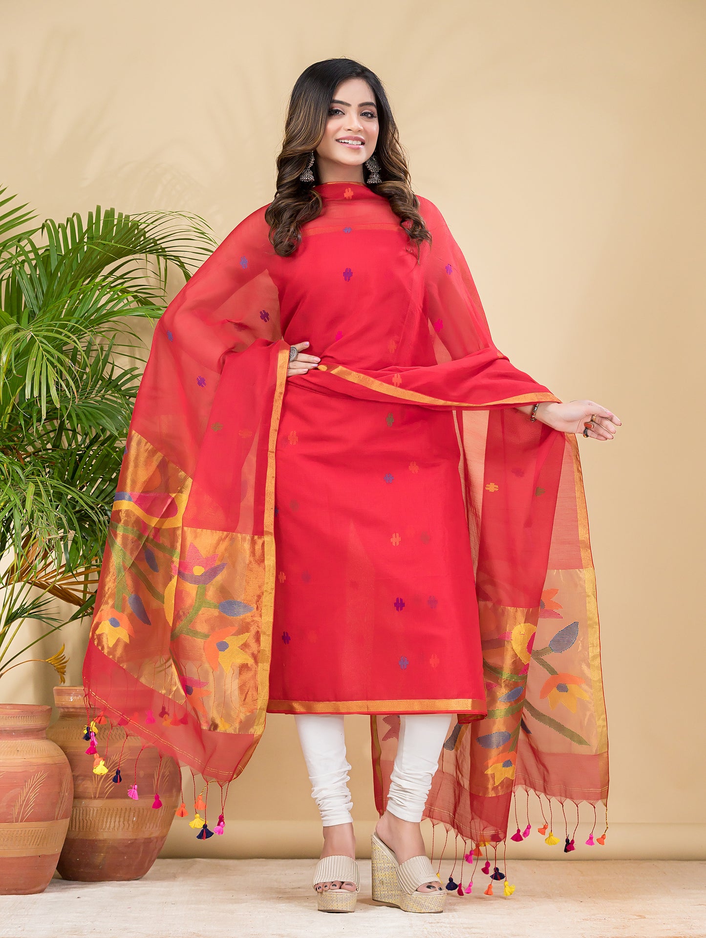 Watermelon Red Sequin Paithani Jamdani 2-Piece Set Kurti & Dupatta (UNSTITCHED) -905