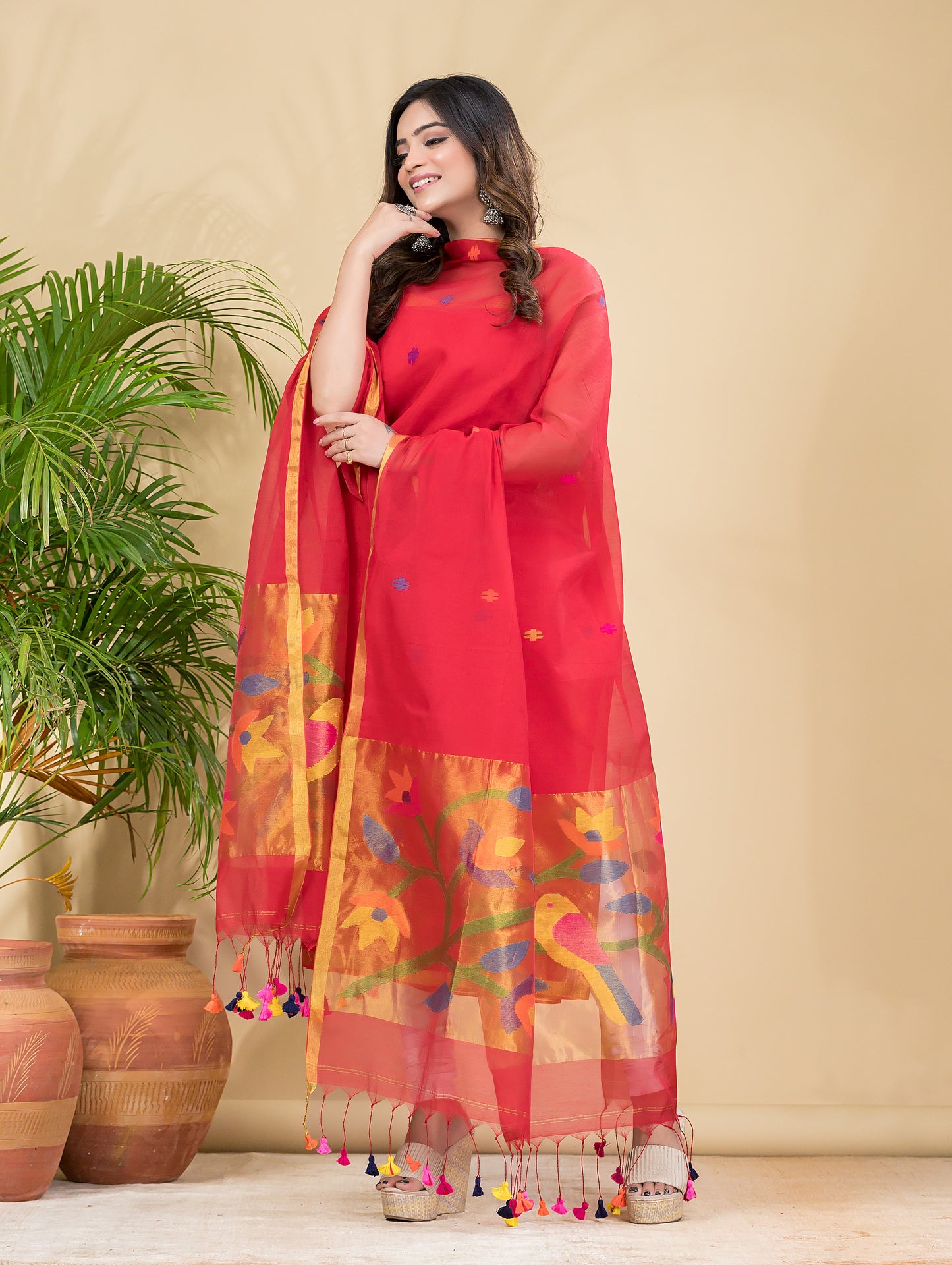 Watermelon Red Sequin Paithani Jamdani 2-Piece Set Kurti & Dupatta (UNSTITCHED) -905