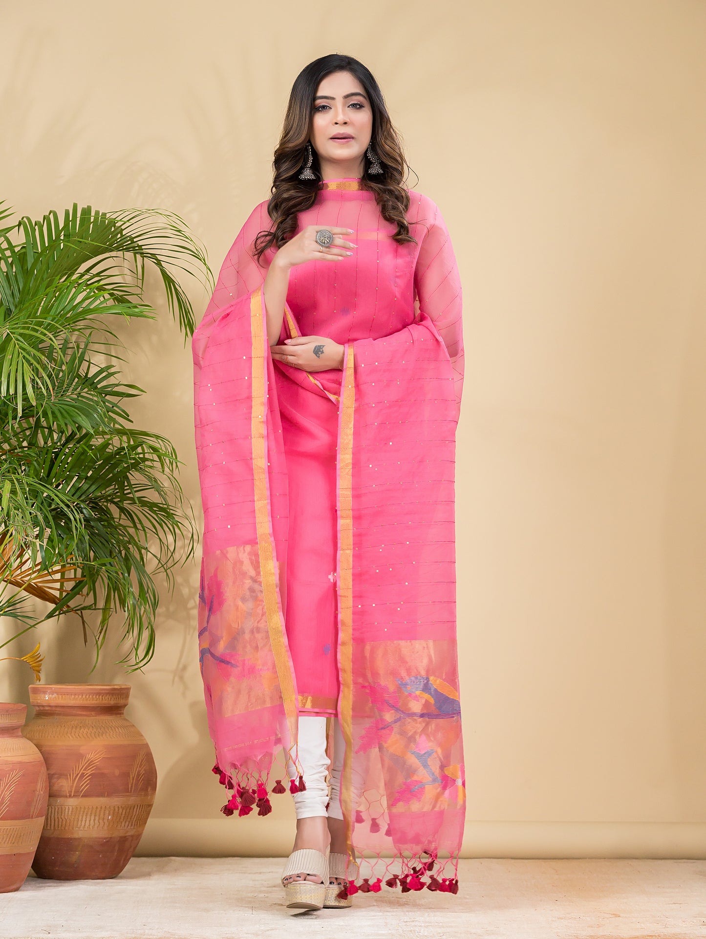 Light Pink Sequin Paithani Jamdani 2-Piece Set Kurti & Dupatta (UNSTITCHED) -898