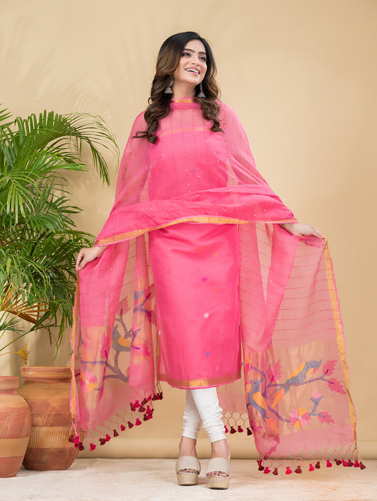 Blush Pink Sequin Paithani Jamdani 2-Piece Set Kurti & Dupatta (UNSTITCHED) -909