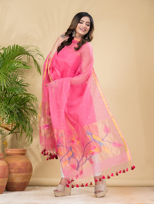 Light Pink Sequin Paithani Jamdani 2-Piece Set Kurti & Dupatta (UNSTITCHED) -898