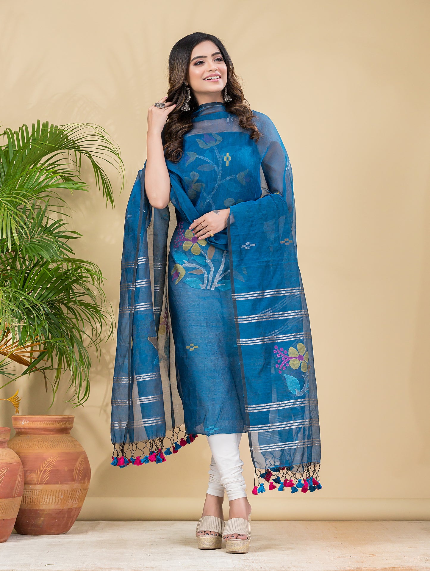 Sky Blue Muslin Jamdani 2-Pieces Kurti Set Dupatta (UNSTITCHED)-891