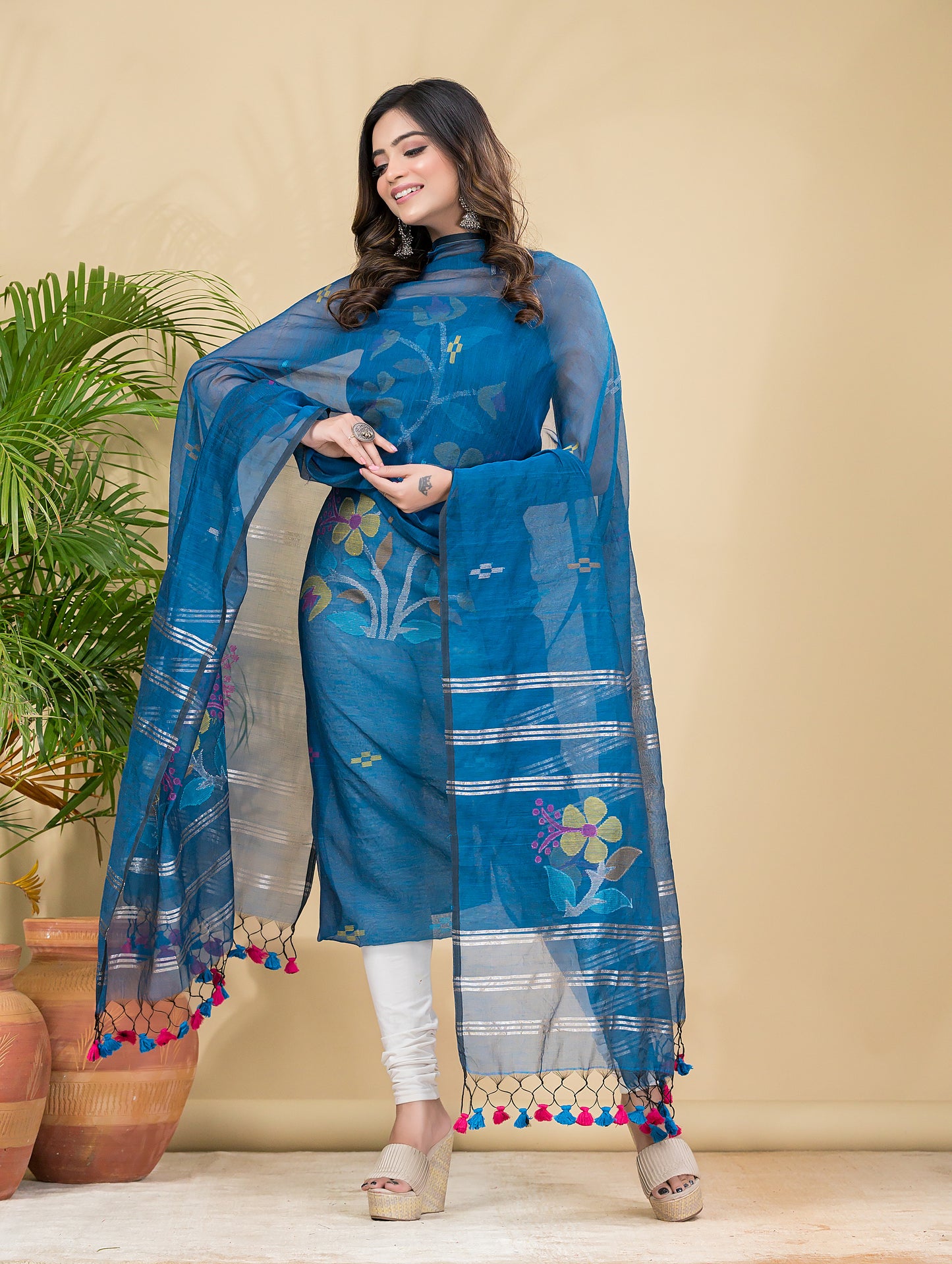 Sky Blue Muslin Jamdani 2-Pieces Kurti Set Dupatta (UNSTITCHED)-891