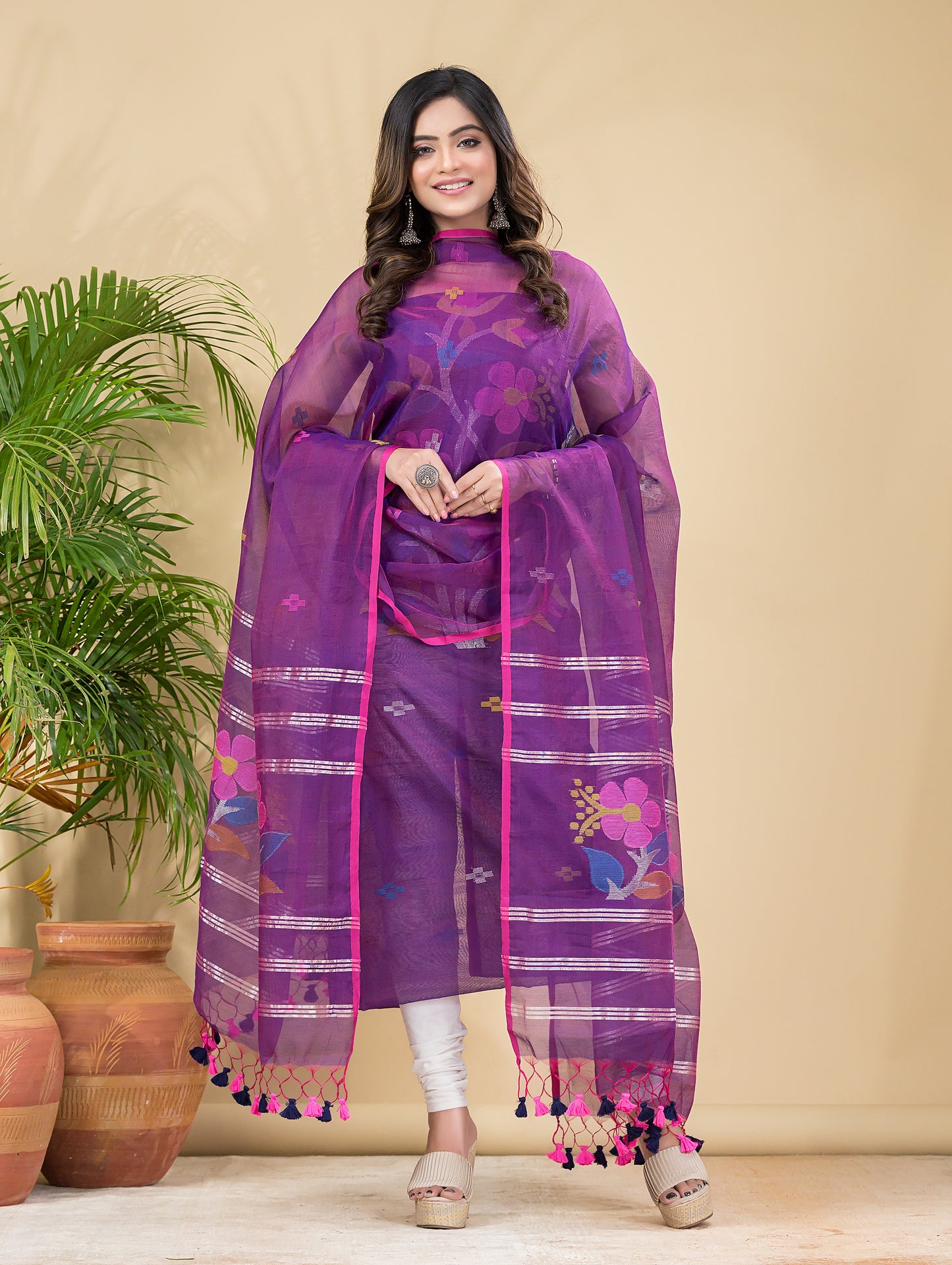 Grape Purple Muslin Jamdani 2-Pieces Kurti Set Dupatta (UNSTITCHED)-890