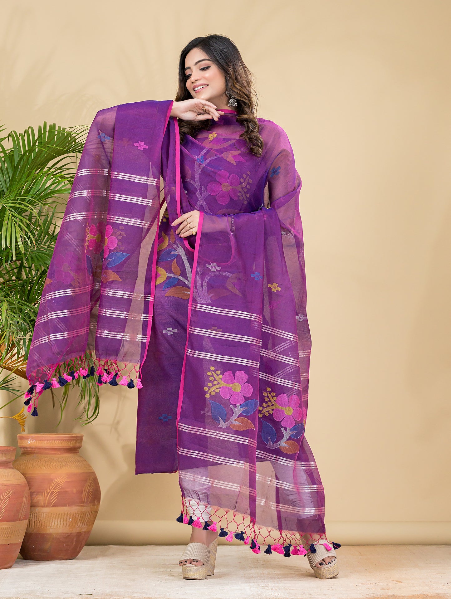 Grape Purple Muslin Jamdani 2-Pieces Kurti Set Dupatta (UNSTITCHED)-890