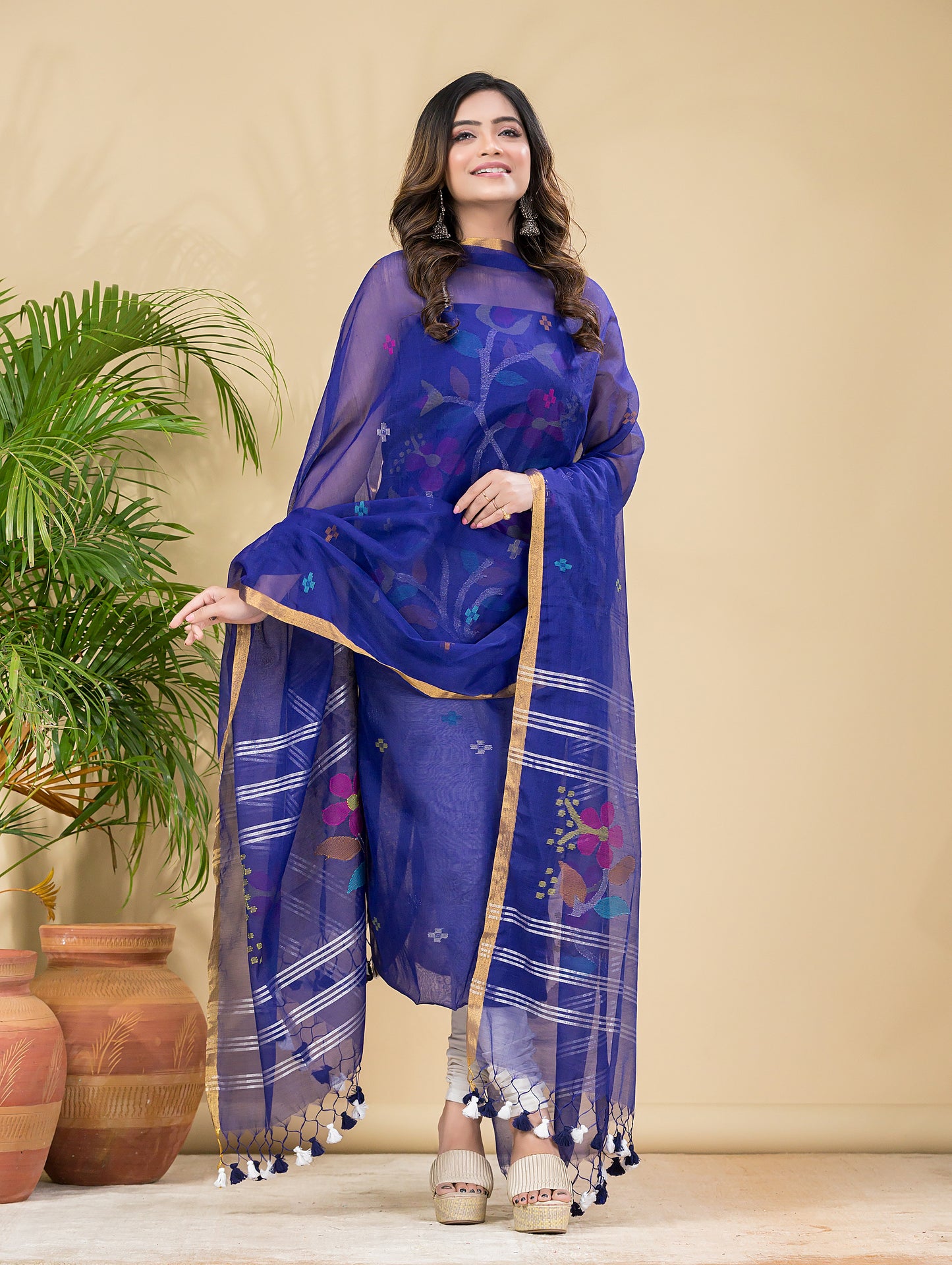 Bright Voilet Muslin Jamdani 2-Pieces Kurti Set Dupatta (UNSTITCHED)-895