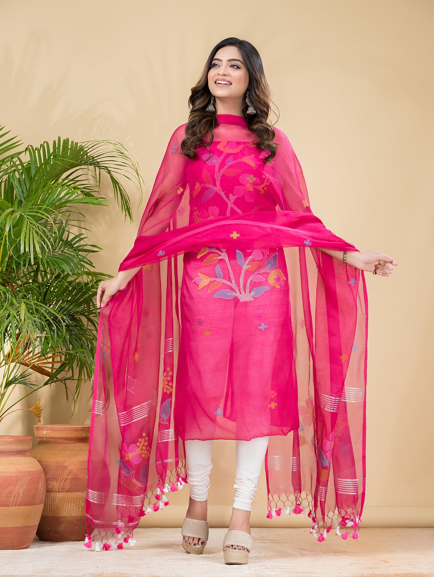 Hot Pink Muslin Jamdani 2-Pieces Kurti Set Dupatta (UNSTITCHED)-897