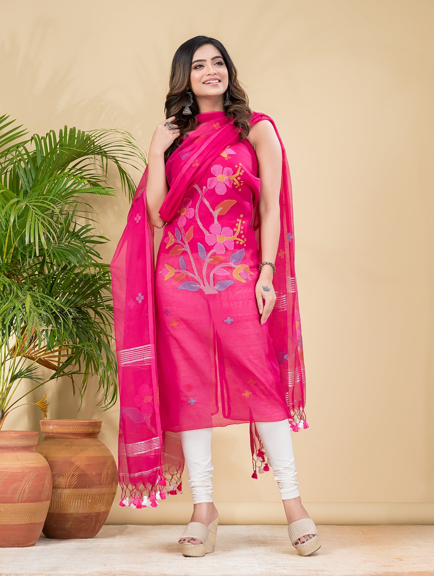 Hot Pink Muslin Jamdani 2-Pieces Kurti Set Dupatta (UNSTITCHED)-897