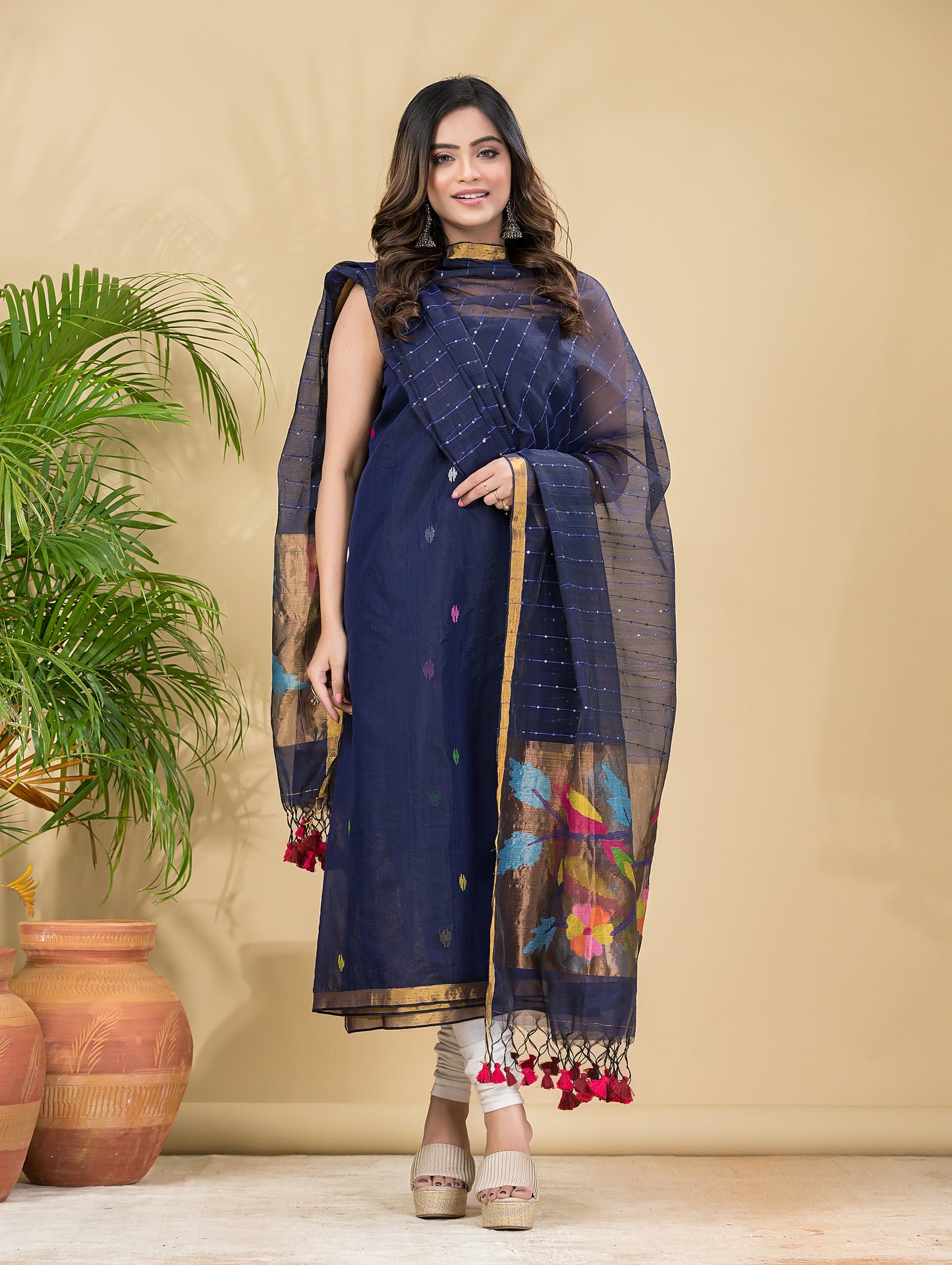 Wine Purple Sequin Paithani Jamdani 2-Piece Set Kurti & Dupatta (UNSTITCHED) -906