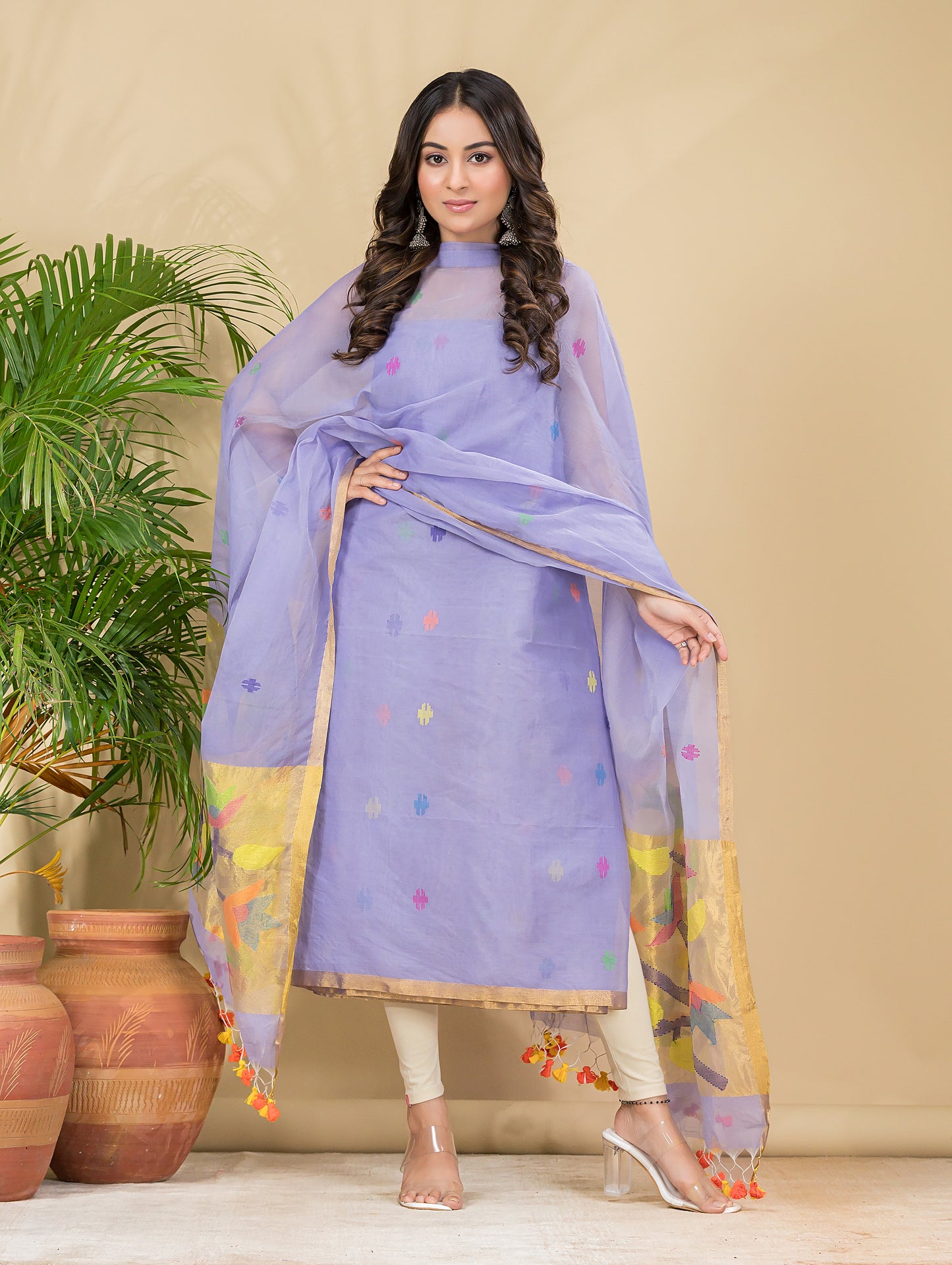 Lavender Purple Sequin Paithani Jamdani 2-Piece Set Kurti & Dupatta (UNSTITCHED) -907