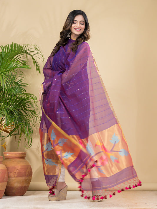 Grape Purple Sequin Paithani Jamdani 2-Piece Set Kurti & Dupatta (UNSTITCHED) -908
