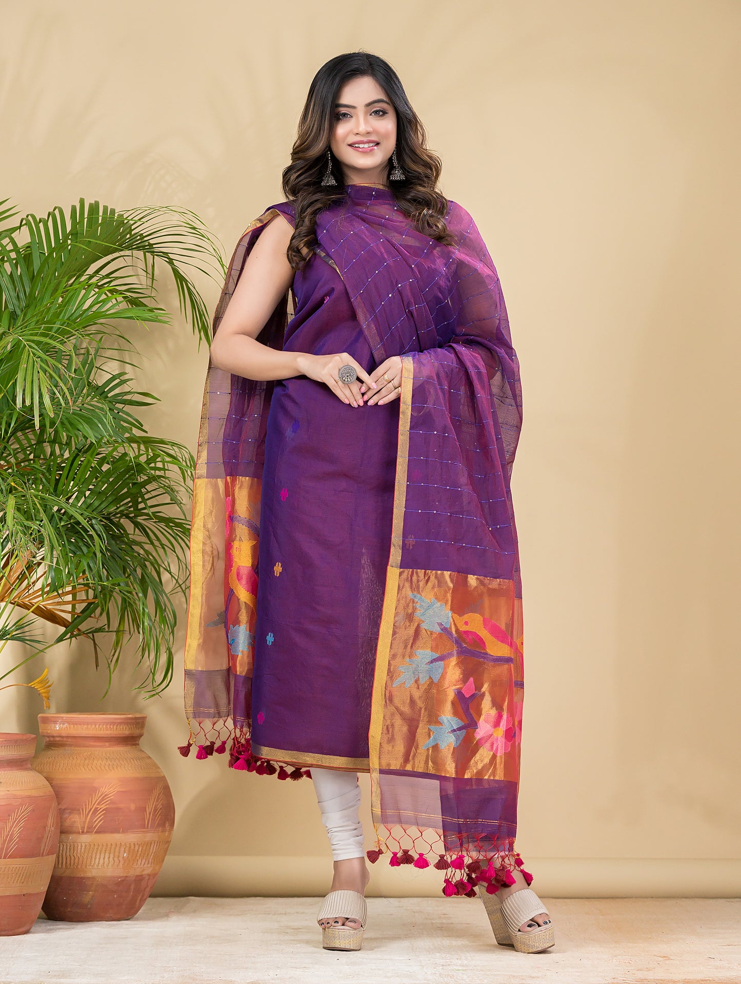 Grape Purple Sequin Paithani Jamdani 2-Piece Set Kurti & Dupatta (UNSTITCHED) -908