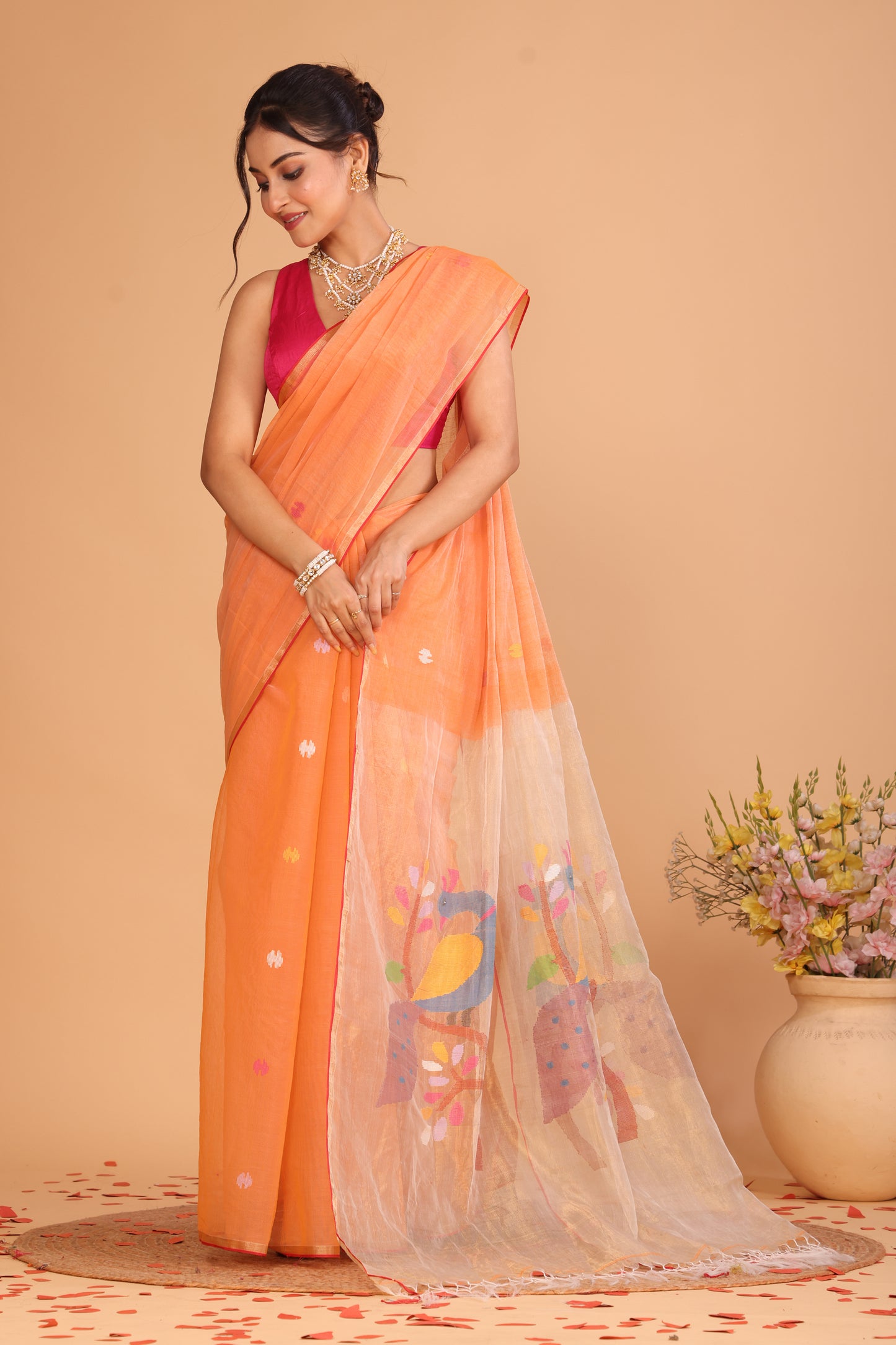 Handwoven Pure Jamdani Silk Cotton Saree  |  Tomato Red