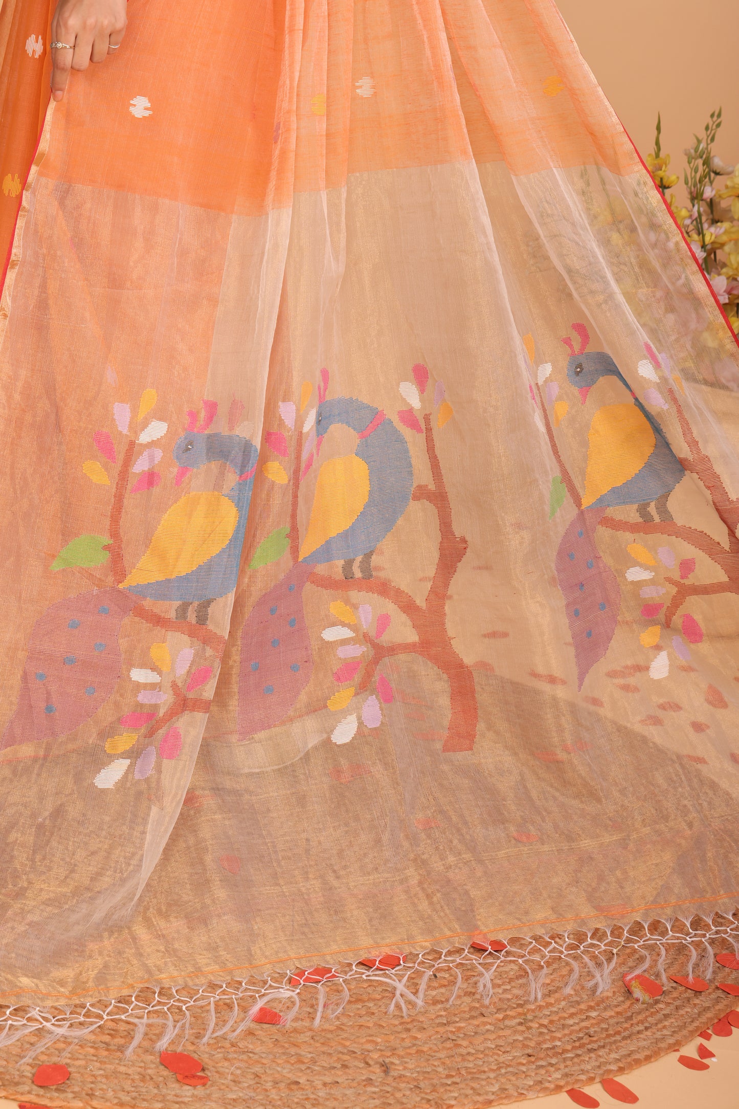 Handwoven Pure Jamdani Silk Cotton Saree  |  Tomato Red
