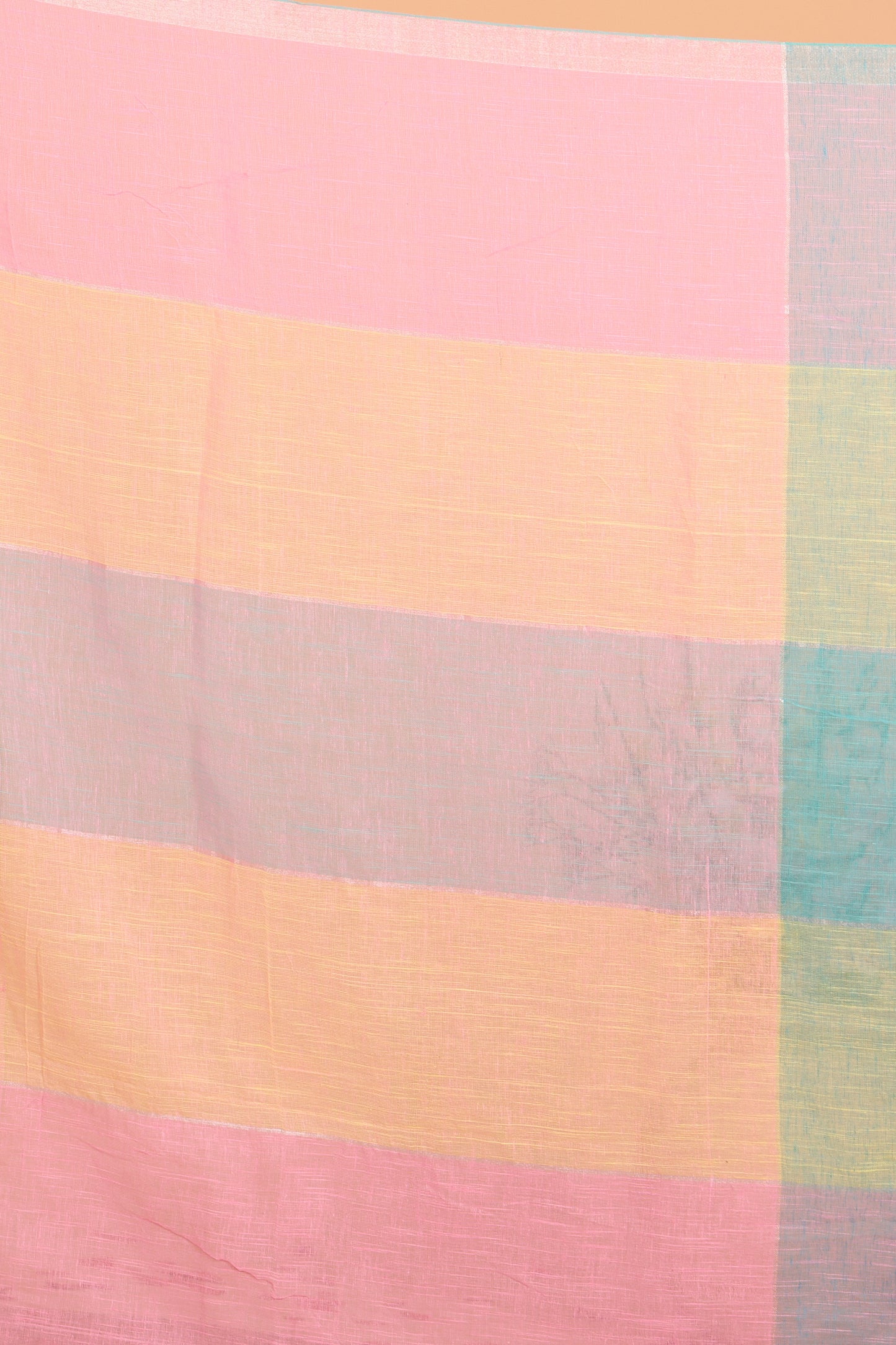 Linen Checks Saree With Blue Pink Yellow - 109