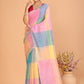 Linen Checks Saree With Blue Pink Yellow - 109