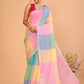 Linen Checks Saree With Blue Pink Yellow - 109
