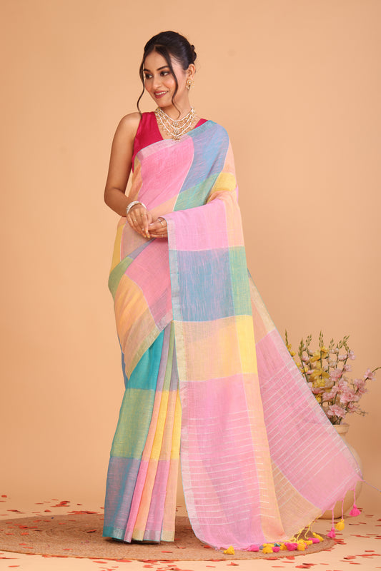 Linen Checks Saree With Blue Pink Yellow - 109