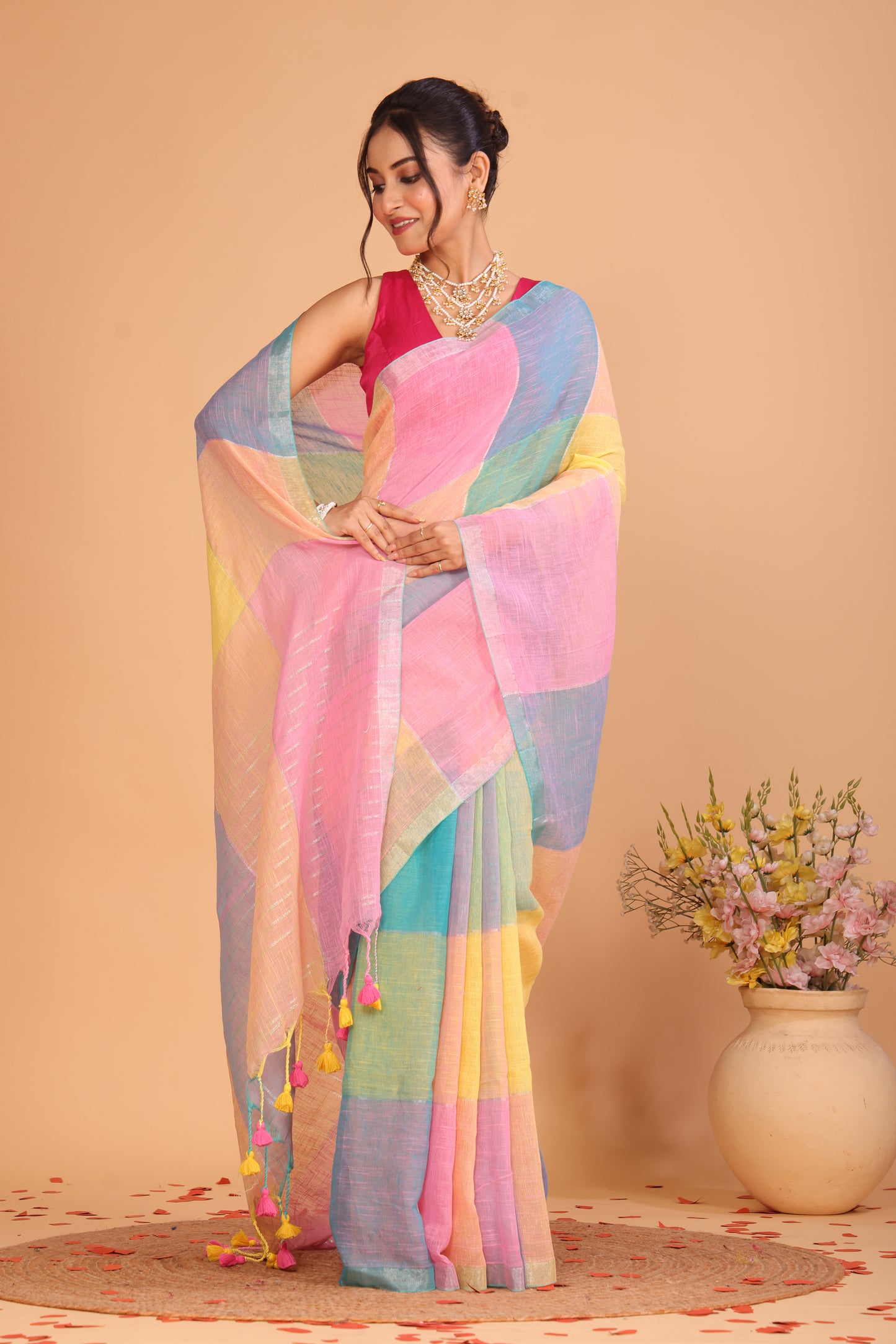 Linen Checks Saree With Blue Pink Yellow - 109