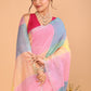 Linen Checks Saree With Blue Pink Yellow - 109