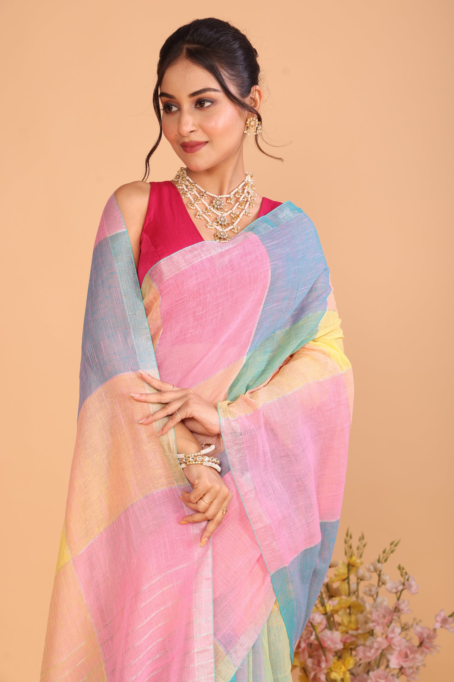 Linen Checks Saree With Blue Pink Yellow - 109