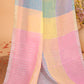 Linen Checks Saree With Blue Pink Yellow - 109
