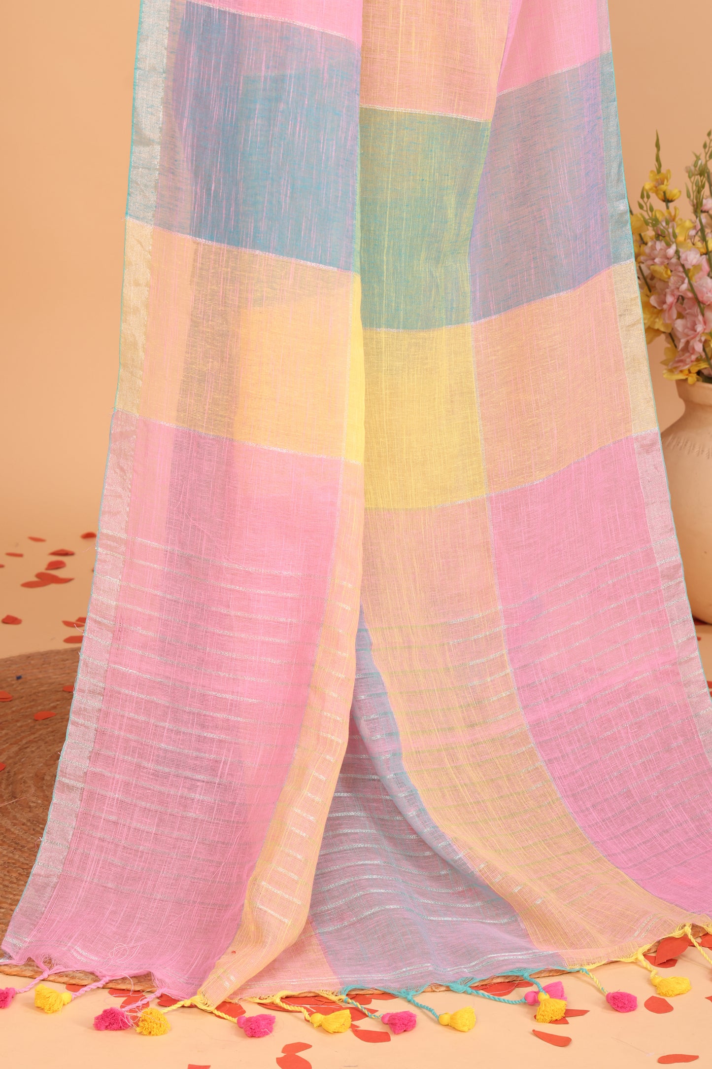 Linen Checks Saree With Blue Pink Yellow - 109