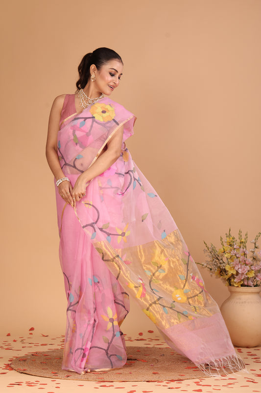 Handwoven Pure Jamdani Silk Cotton Saree  |  Baby Pink