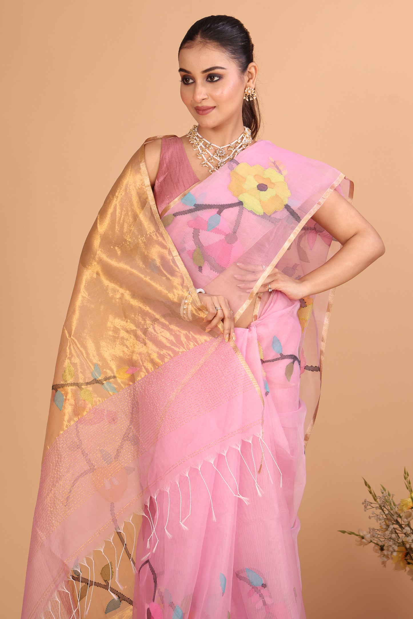 Handwoven Pure Jamdani Silk Cotton Saree  |  Baby Pink