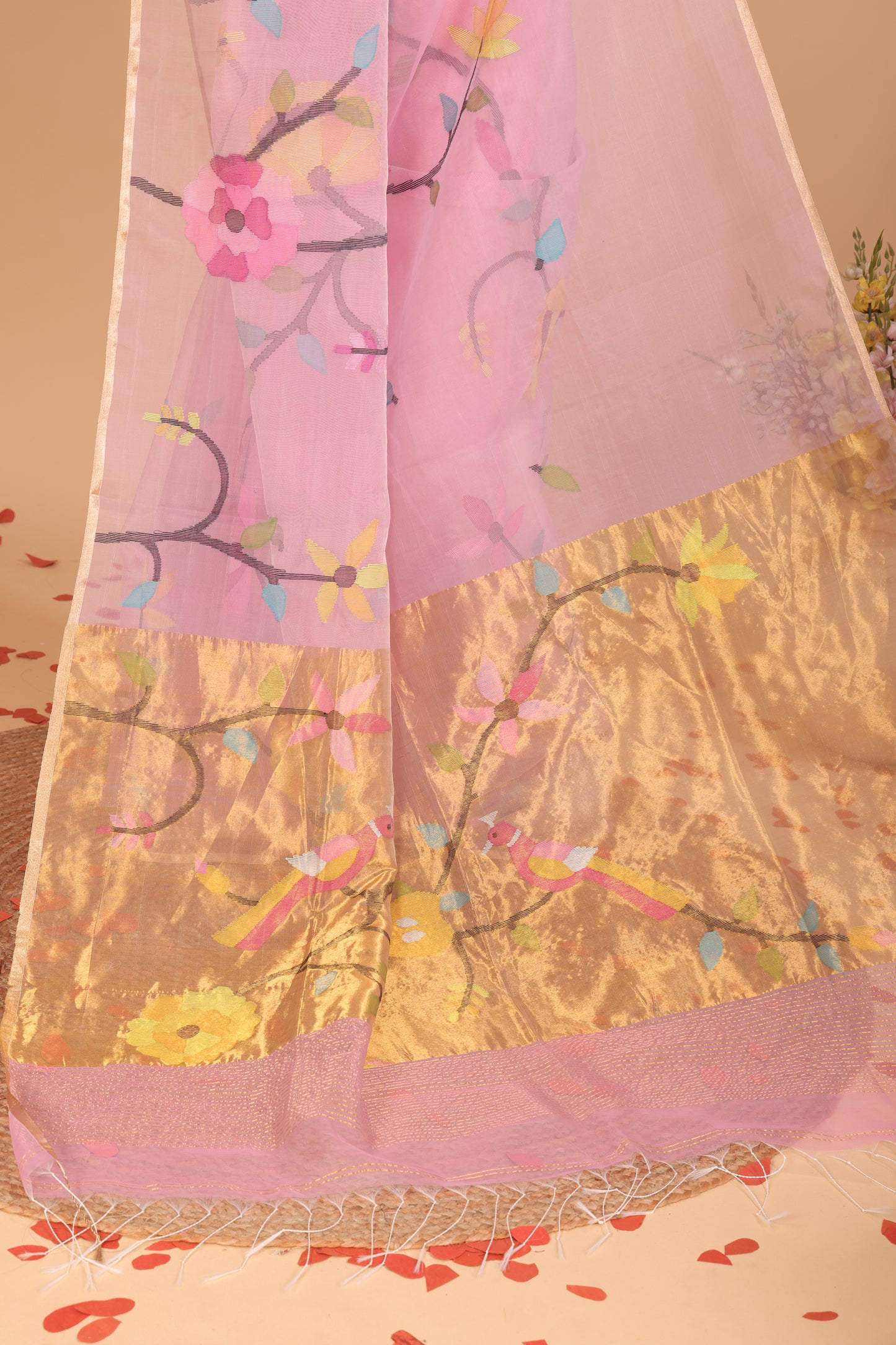 Handwoven Pure Jamdani Silk Cotton Saree  |  Baby Pink