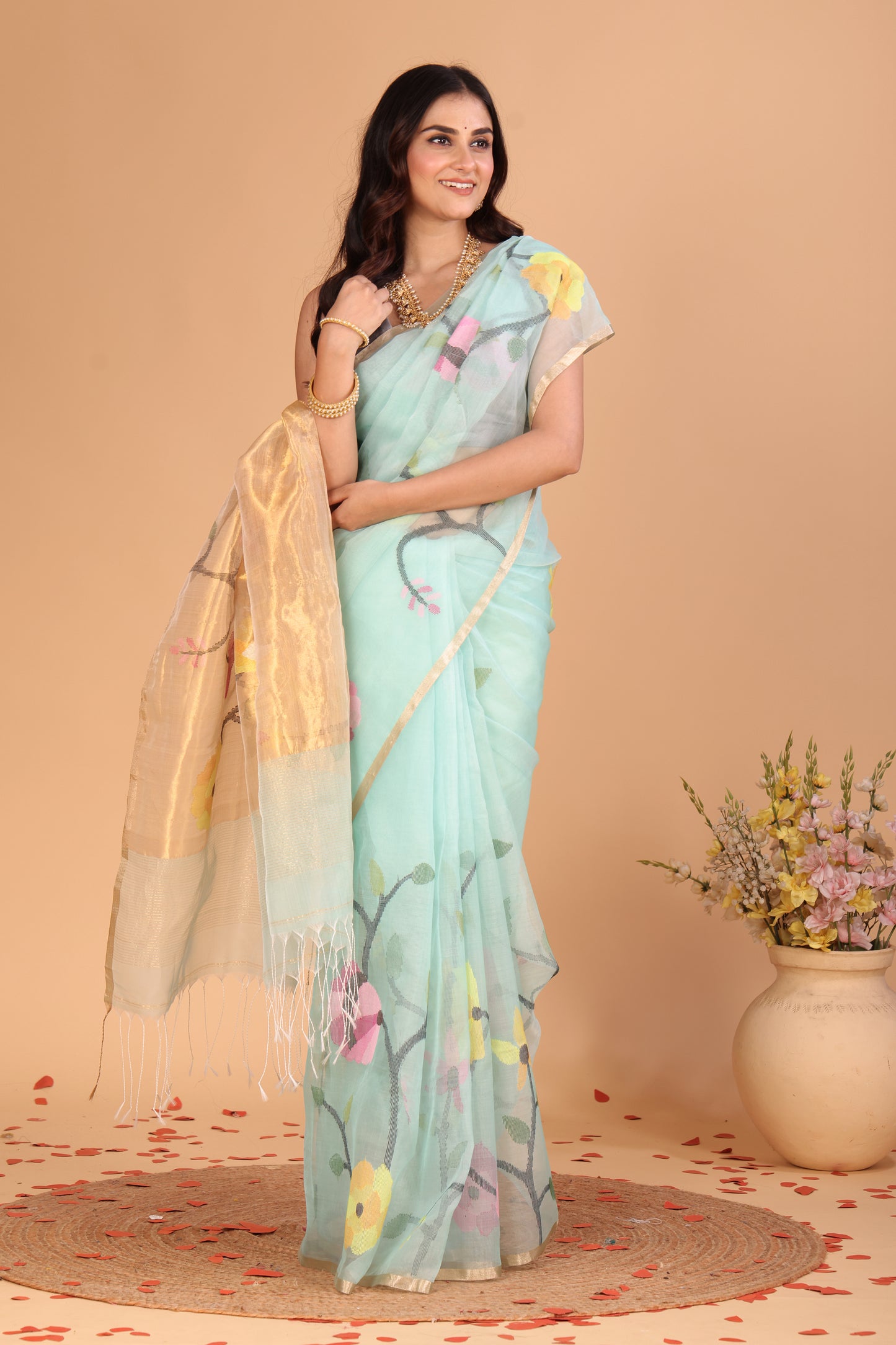 Handwoven Pure Jamdani Cotton Silk Saree  |  Seafoam Teal